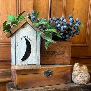 Rustic Wooden Welcome Birdhouse with Faux Blueberry Stems